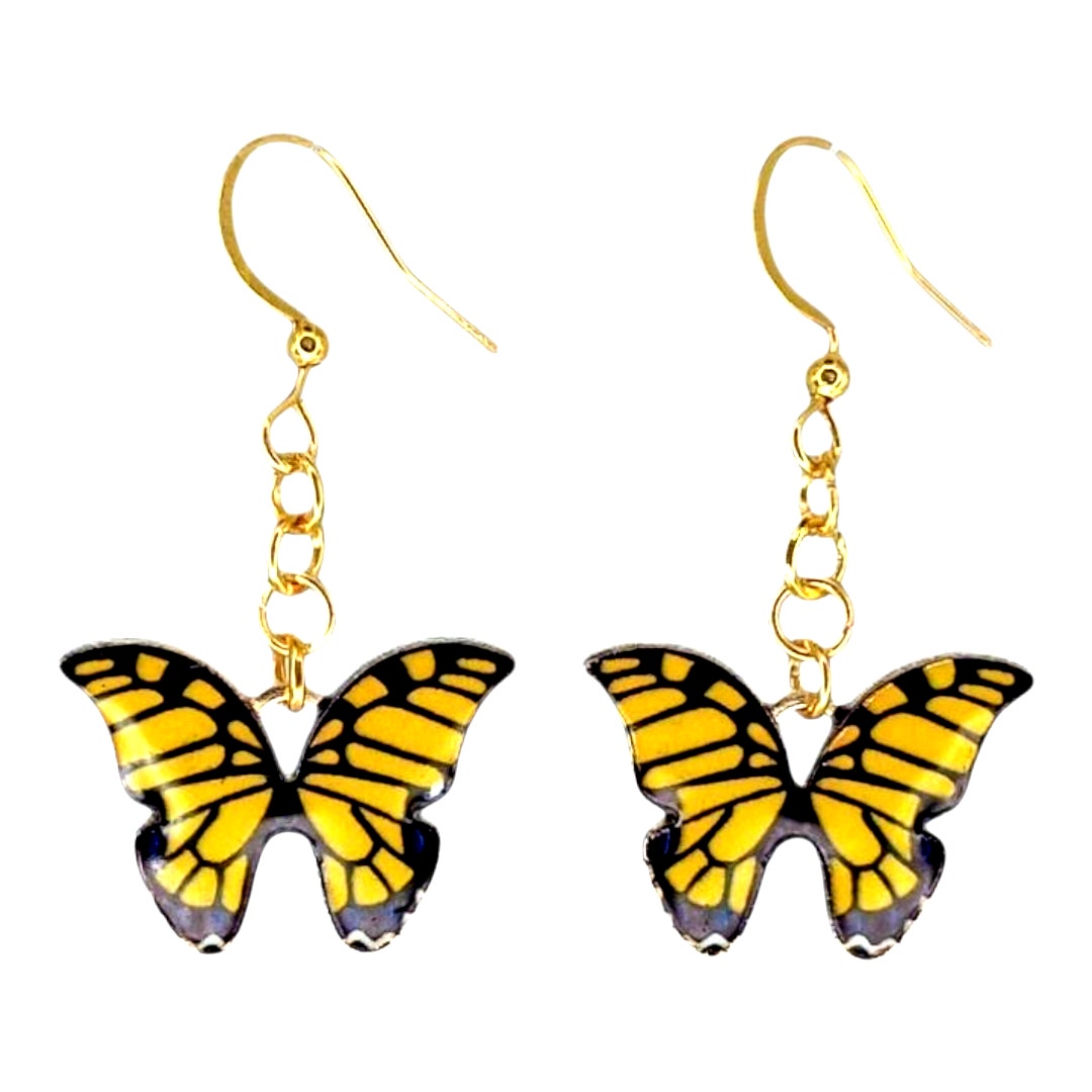 Yellow And Black Whimsical Butterfly Dangle Earrings Spring Summer Jewelry